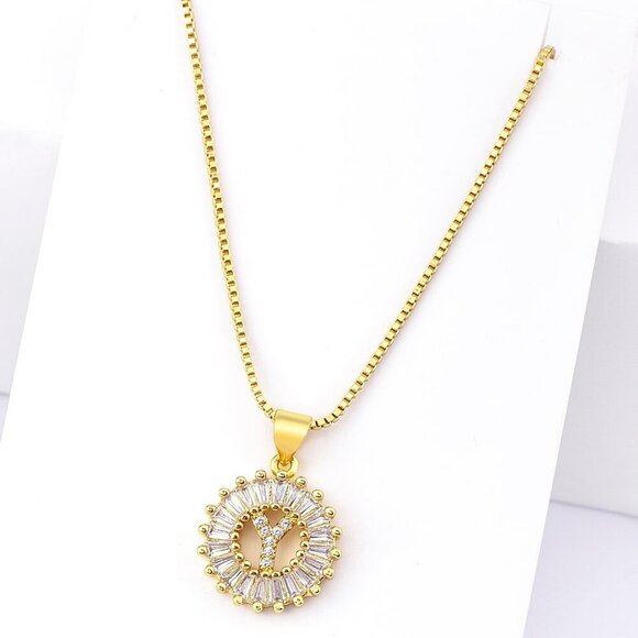 Yellow Gold Plated Women's Letter Detail Cubic Zirconia Round Charm Necklace - Picture 6 of 7